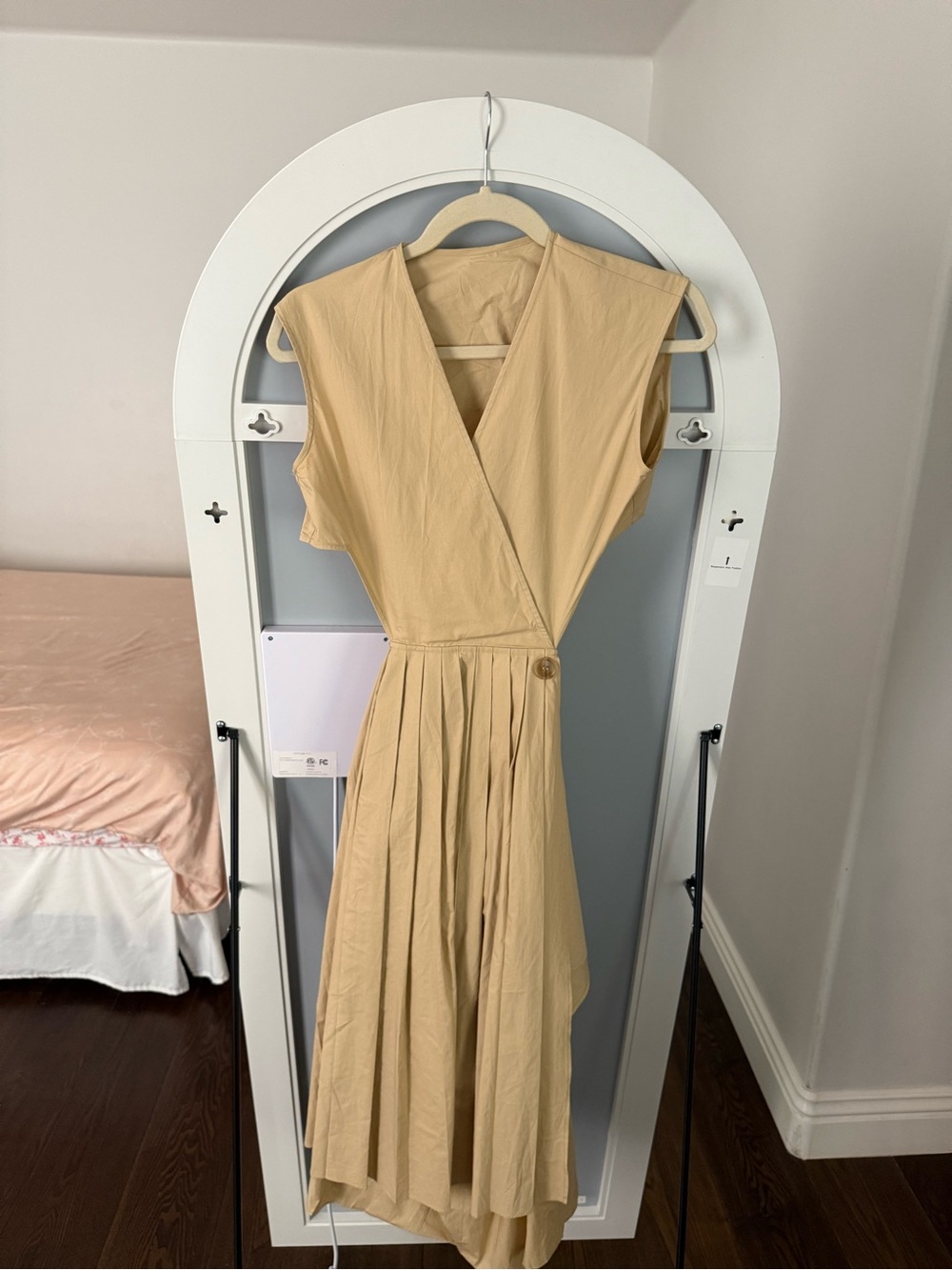 Khaki Pleated Wrap Midi Dress | Size S | Cutout Back